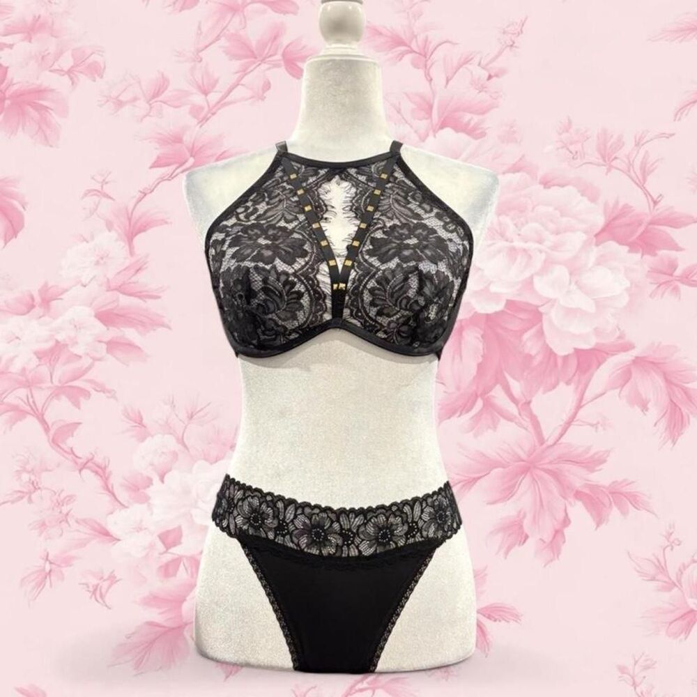 Women's Black Lace Bralette Gothic Top Gold Lingerie Layered Sheer Underwear
